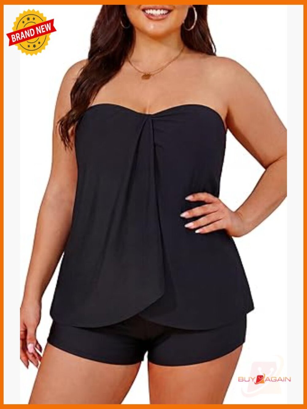 Plus Size Bandeau Tankini Swimsuit Set with Shorts & Tummy Control